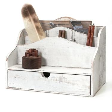 Imagem de Organizador de correio de madeira de pinho para mesa - Suporte de correio retrô de fazenda com gaveta e divisórias - Suporte de carta com 4 compartimentos para arquivos e acessórios de escritório