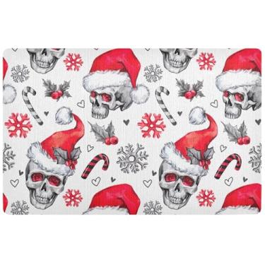 Imagem de Chapéu de Natal personalizado caveira tapete engraçado tapete bonito decoração de varanda de outono, tapete de entrada, impermeável, lavável, tapete de porta da frente, entrada interna, 81 cm x 50 cm