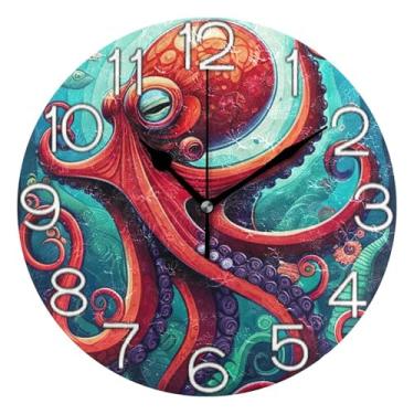 Imagem de GAIGEO Relógio de parede decorativo analógico operado por bateria relógio de cozinha fofo, decoração de parede moderna para sala de estar, polvo vermelho chique submarino, 25 cm, ponteiros pretos