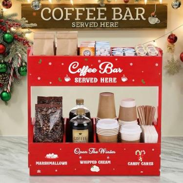 Imagem de Chunful Organizador de bar de cacau quente de Natal vermelho caixa de armazenamento de madeira para estação de café, suporte de doces, cesta de chocolate quente, cesta de mesa, decoração para presente