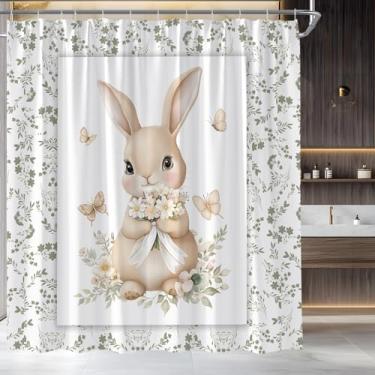 Imagem de STKKST Cortina de chuveiro coelhinho da páscoa primavera folhas florais coelho bonito tecido branco conjunto de decoração de banheiro, 1,78 x 1,78 m