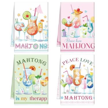 Imagem de VISSTREE Mahjong Toalhas de cozinha para coquetel, 4 peças de toalhas de prato para presentes de Mahjong para mulheres, jogadores de cozinha Mah Jong Toalha de mão para decoração de limpeza de casa