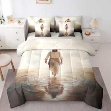 Imagem de Conjunto de cama casal God Walking on Water, versículo bíblico, fé ocidental, 7 peças, arte moderna, decoração espiritual para meninos e meninas, cinza bege (elástico + lençol + 2 fronhas + 2 fronhas