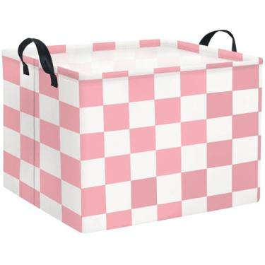 Imagem de HIYAGON Cesta retangular de armazenamento de tecido, cesta de armazenamento, caixa organizadora para decoração de quarto (xadrez rosa)