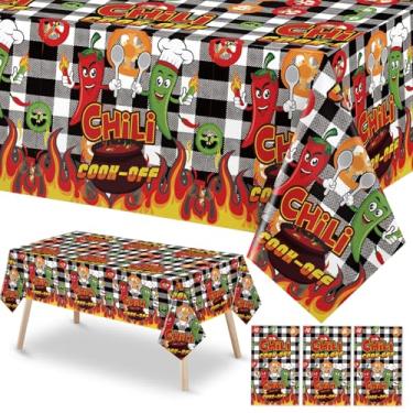 Imagem de Oudain 3 peças de toalhas de mesa Chili Cook Off 218 cm x 129,5 cm, decorações de festa de pimenta descartáveis, capas de mesa com chama de pimenta para churrasco mexicano (estilo fofo)