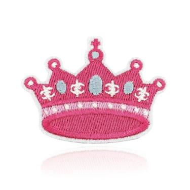 Imagem de Patch de gancho e laço de coroa rosa, remendo bordado para roupas e mochilas infantis – Emblema estilo princesa de 7,6 cm com suporte removível para jaquetas, bolsas e artesanato
