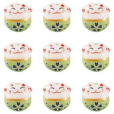 Imagem de 9 peças de contas de porcelana de gato da sorte lindas contas de cerâmica Maneki Neko para fazer joias faça você mesmo, colar, pulseira, chaveiros, artesanato, verde gramado