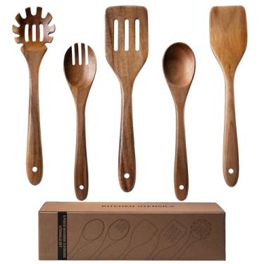 Imagem de Conjunto de 5 peças de utensílios de cozinha e cozinha – material de madeira de acácia natural inclui colheres de salada, colher de espaguete, garfo de salada, espátula plana, espátula com fenda