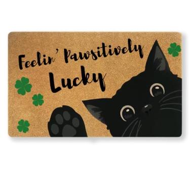 Imagem de Uilatyu Capacho de gato preto – Tapete de boas-vindas antiderrapante de coco sintético de 76 x 43 cm para entrada interna e externa, capacho de trevo, tapete de porta do dia de São Patrício, tapete de