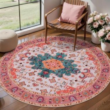 Imagem de Ciicool Boho Tapete redondo lavável para quarto de 1,2 x 1,2 m, antiderrapante, vintage, para entrada, tapete interno de pelo baixo para sala de estar