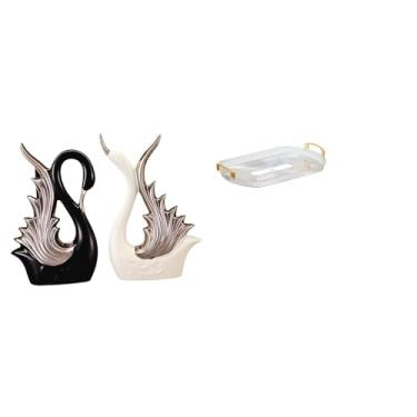 Imagem de Whtkoph Elegantes Figuras de Cisne em Cerâmica E Bandeja Retangular Nórdica para Guardar Joias, Prateleira Decorativa de Mesa, Lareira Antiga.