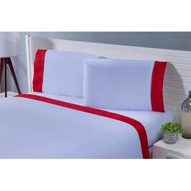 Imagem de Jogo Lençol 4 Peças Casal 188x138 100% Algodão Barrado Jacquard (Vermelho, 25cm, 230)