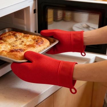 Imagem de Luvas de forno com 2 unidades, design de dois dedos, luvas de cozinha resistentes ao calor, textura antiderrapante, fácil de lavar, design de laço pendurado