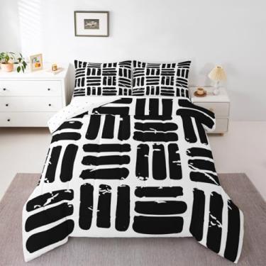 Imagem de Feelyou Conjunto de edredom abstrato, moderno, arte abstrata, conjunto de cama com 2 fronhas, microfibra branca e preta, roupa de cama queen para decoração de quarto geométrico, respirável, macio e