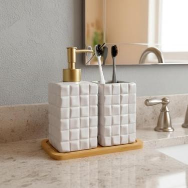 Imagem de Kit Lavabo com Dispenser de Sabonete Líquido, Porta-Escovas e bandeja em bambu. Elegante e funcional. (Branco)