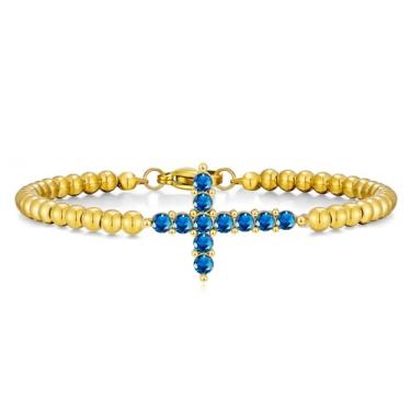 Imagem de Pulseira feminina com cruz de pedra do mês de nascimento, banhada a ouro 14 k, delicada, de aço inoxidável, zircônia cúbica, contas de fé, ajustável, moderna, joia de presente, Large, Aço inoxidável