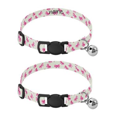Imagem de SEHANY Conjunto de 2 coleiras de cachorro com laço rosa fofo, fivela de plástico resistente, leve, macia e leve, com sino pequeno, coleiras personalizadas com nome de animal de estimação para meninos