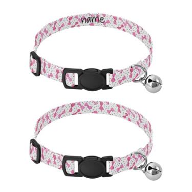 Imagem de SEHANY Conjunto de 2 coleiras de cachorro com laço rosa fofo, fivela de plástico resistente, leve, macia e leve, com sino pequeno, coleiras personalizadas com nome de animal de estimação para meninos
