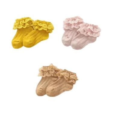 Imagem de Meias Curtas De Algodão Respirável Com Renda Para Meninas Bebê 3 Pares