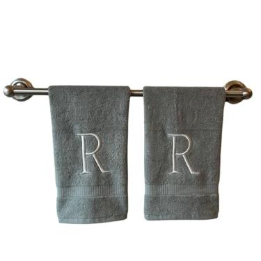 Imagem de Toalha de mão cinza inicial para banheiro - Toalha bordada decorativa de qualidade de hotel de luxo monograma para lavabo, spa - Certificado orgânico GOTS - Conjunto de 2 prata letra R