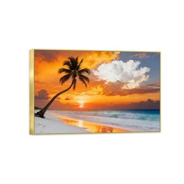 Imagem de BMZFYBS Quadro dourado arte de parede paisagem impressões em tela - palmeira mar pôr do sol - pintura de decoração - imagens para quarto 50 x 75 cm 20 x 30 pol