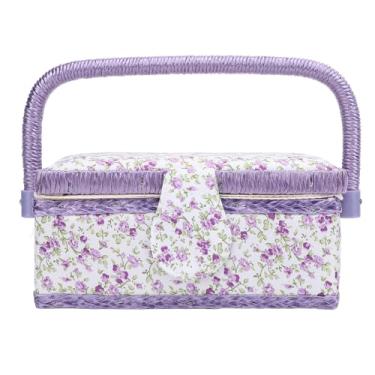 Imagem de Organizador de cesta de ferramentas de costura, armazenamento portátil de bordado com bandeja removível para linha, tesoura, botões de carretel, tecido de poliéster 19 x 13 x 9 cm