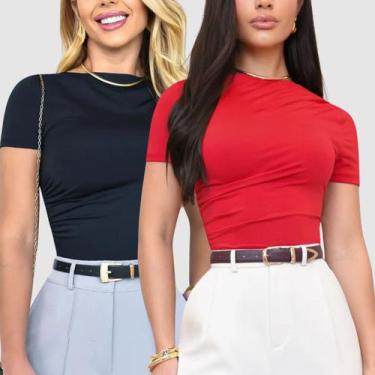Imagem de Kit 2 Blusas Blusinha Baby Look Feminina Básicas Manga Curta Suplex Dr