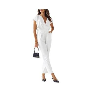 Imagem de Macacão Casual Feminino De Verão Em Cor Sólida Com Mangas Curtas E Cal