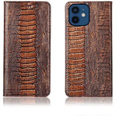 Imagem de KAPPDE Capa de telefone em concha para Apple iPhone 12 (2020) 6,1 polegadas, capa de couro magnético à prova de choque com função de suporte e slot para cartão (textura do pé de avestruz) (cor: marrom)