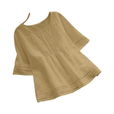 Imagem de Camisa Elegante Feminina De Algodão E Linho, Cor Sólida, Casual, Decot