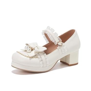 Imagem de Seborluys Sapato feminino Sweet Lolita para cosplay, salto médio, plataforma kawaii, vestido Mary Jane, tira no tornozelo com laço de renda, Branco 1, 37