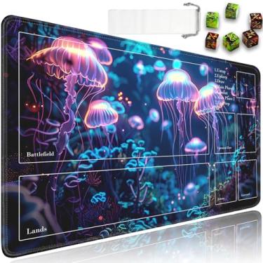 Imagem de JVGFYNKL Tapete de brinquedo TCG com zonas, borracha antiderrapante de 61 x 35 cm para MTG Playmat com cordão e bolsa de viagem e 6 dados, para tapete MTG, tapete de jogo de cartas com padrão de