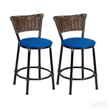 Imagem de Kit de 2 Banquetas Baixas de Junco Chocolate - Fibra Sintética, Ideal para Bar, Cozinha Americana e Espaços Residenciais, Design Prático e Versátil (Azul)