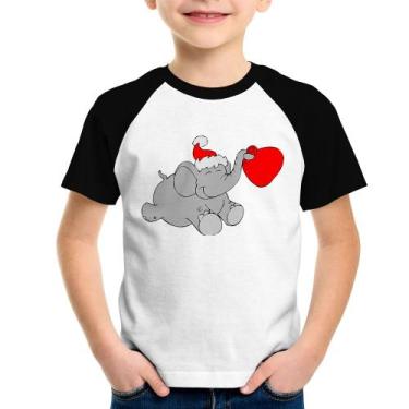 Imagem de Camiseta Raglan Infantil Elefante Noel - Foca na Moda, Branco, Preto, 