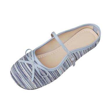 Imagem de Sapatilhas femininas de malha respirável com estampa listrada, sapatos casuais de bico fechado para atividades de lazer, Azul royal, 35