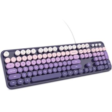 Imagem de KNOWSQT Teclado de computador com fio – Roxo-Gradiente Colorido Retrô Tamanho Completo Teclas Redondas Plug and Play Máquina de Escrever Teclados Fofos para Windows, Laptop, PC, Desktop, Computador