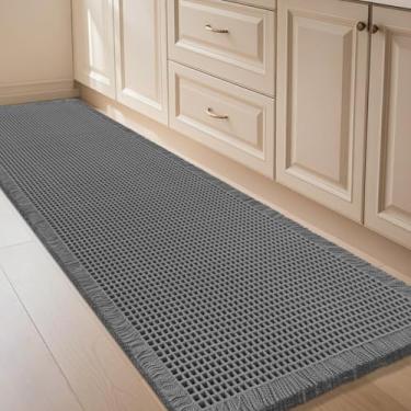 Imagem de IM HOME Tapete de banheiro Waffle cinza 1,5 m x 5 cm, tapetes modernos de tecido boêmio, tapetes de banheiro absorventes antiderrapantes, tapetes de banho macios laváveis com borlas para banheiro