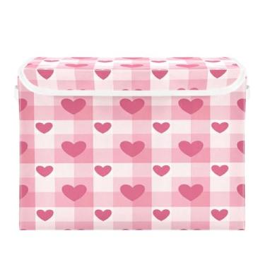 Imagem de Wassud Cestos de armazenamento dobráveis com tampas, cestas organizadoras de tecido dobrável em grade de coração para armário, decoração sazonal de casa 40 x 30 x 30 cm