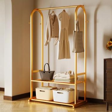 Imagem de Rack de roupas de metal resistente com prateleiras e 6 ganchos, organizador de roupas resistente para quarto, solução de armazenamento durável para roupas, casacos e acessórios