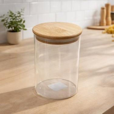 Imagem de Pote de Vidro Borossilicato com Tampa de Bambu, 950ml, Transparente, 18,5cm x 9,5cm, para Armazenamento de Alimentos