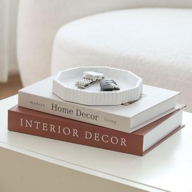 Imagem de Bandeja decorativa de gesso e conjunto de decoração de livros - Bandeja recortada e caixa de livros decorativa para decoração de mesa de centro ou estante - Decoração de casa moderna para sala de