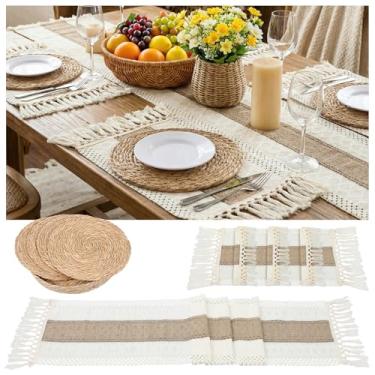 Imagem de Conjunto de 10 peças de jogo americano boho com jogo americano de tecido redondo, jogo americano retangular, corredor de mesa e cesta de armazenamento - estilo de fazenda natural para mesa de jantar