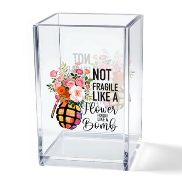 Imagem de Vgrti Porta-lápis cosmético acrílico não frágil como uma flor frágil como uma bomba, organizador de mesa floral engraçado para decoração de escritório em casa, presentes feministas RBG, presentes