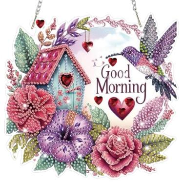 Imagem de Bowetile Kits de pendurar arte diamante pássaros para adultos, Good Morning Diamond Art Suncatchers Flores, 5D formato especial pintura diamante pingente enfeite de janela presentes para decoração de