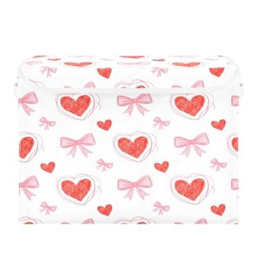 Imagem de Wassud Cestos de armazenamento dobráveis com tampas, corações e laço, cestas organizadoras de tecido dobráveis para armário, decoração sazonal de casa 40 x 30 x 30 cm