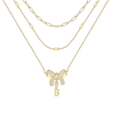 Imagem de YOVIEE Colar feminino com inicial de borboleta, banhado a ouro 14 quilates, 3 camadas, pingente de letra A-Z, colar de corrente de cabo e clipe de papel, nome personalizado, joia delicada, presente