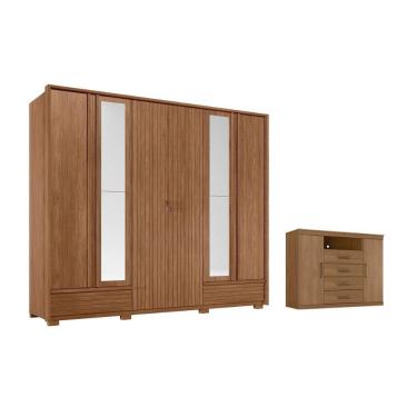 Imagem de Guarda Roupa e Cômoda Casal QC537 6 Portas de Bater 5 Gavetas MDF com Espelho e Pés Jatobá