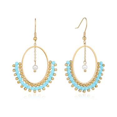 Imagem de TaYolnFaSo Brincos de pérola de cristal boêmio banhado a ouro 18 K oval brincos pendentes de argola boho cristal pérola joia presente para mulheres, Ouro amarelo, Cristal