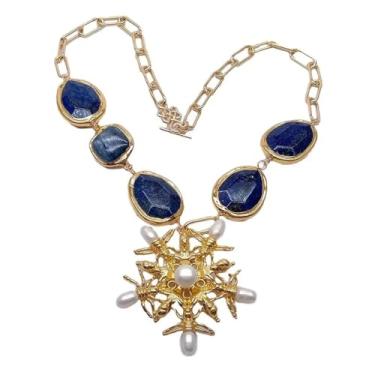 Imagem de DWBPGVUN Pingente de pérola branca com pingente de animal 53 cm para mulheres, azul lápis-lazúli cianita banhado a ouro colar de corrente de borda