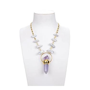 Imagem de DWBPGVUN Colar de corrente de pérolas Biwa cinza de água doce de 45,7 cm com pingente de ametista